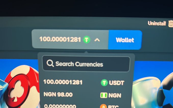 A screenshot displays a crypto wallet on Stake showing a balance of 100.00001281 USDT (equivalent to NGN 98.00), likely representing a payout or deposit. The image aligns with the post celebrating a win on Stake, possibly showing the converted value of the winnings in NGN.