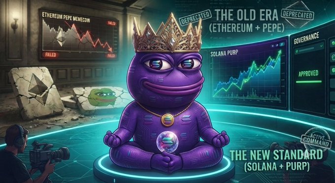 A promotional image showing a crowned purple Pepe frog meditating, with text contrasting 'THE OLD ERA (ETHEREUM + PEPE)' marked as deprecated and failed against 'THE NEW STANDARD (SOLANA + PURP)' marked as approved and active command.