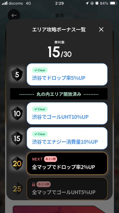 The image shows a phone screen with an app that displays a list of tasks, including "CLEAR" and "RUN", along with their respective times. The time displayed for each task is 15:30. There are also other tasks listed on the screen, such as "20勝以降のボーナスが本番で、各エリアの分を積み重ねるとても...のである..." which is a description of some other tasks. The post in the image seems to be related to a game or an app, as it contains Japanese text and a picture.