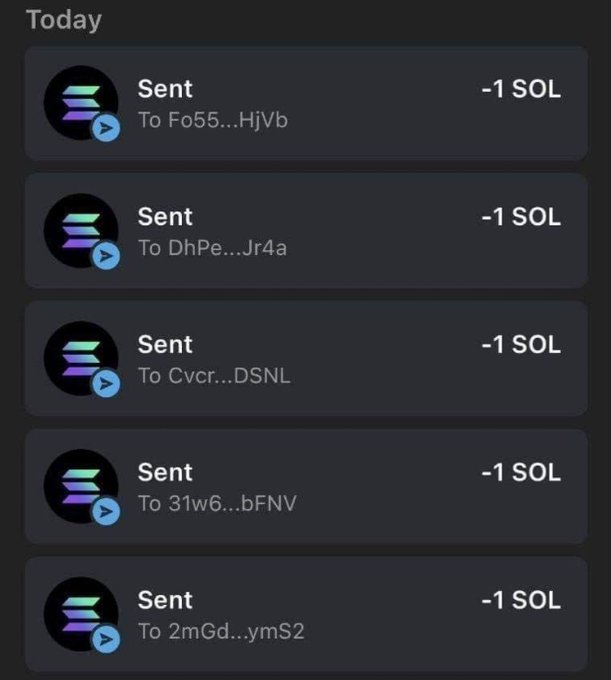 The image shows a transaction history displaying five "Sent" transfers of "-1 SOL" each, sent to various wallet addresses (Fo55...HjVb, DhPe...Jr4a, Cvcr...DSNL, 31w6...bFNV, and 2mGd...ymS2). This aligns with the post claiming that SOL tokens are being distributed only to the first 50 wallets that follow and retweet, with the screenshot serving as proof of ongoing airdrop/aigiveaway transactions.