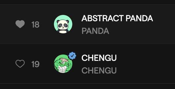 A dark-themed app interface showing two user profiles: 'ABSTRACT PANDA' with 18 likes and 'CHENGU' (marked with a verified checkmark) with 19 likes.