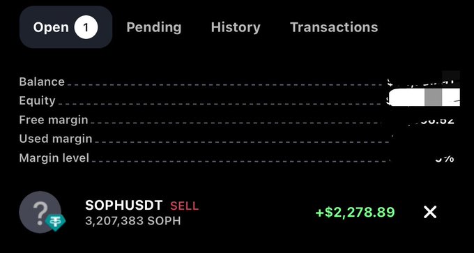A trading app screenshot showing an open position for SOPHUSDT SELL with 3,207,383 SOPH showing a profit of +$2,278.89.