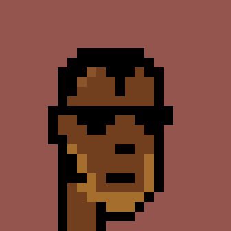 A pixel art image with dark and orange/red tones on a solid red background.