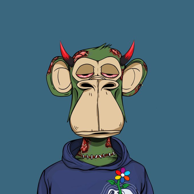 A digital illustration of a Bored Ape-style character with green fur, red devil horns, and stitched wounds, wearing a dark blue hoodie with a flower graphic.