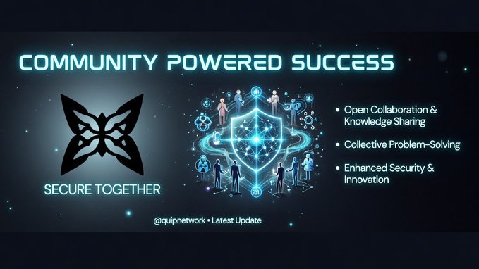 The image is a promotional graphic with the headline "COMMUNITY POWERED SUCCESS" on a dark blue background, featuring the Quip Network butterfly logo labeled "SECURE TOGETHER" alongside a digital illustration of people gathered around a glowing shield, highlighting key benefits: "Open Collaboration & Knowledge Sharing," "Collective Problem-Solving," and "Enhanced Security & Innovation," credited to @quipnetwork.

The graphic visually reinforces the post's message by illustrating how Quip Network's community-driven approach fosters collective security and innovation through collaboration.