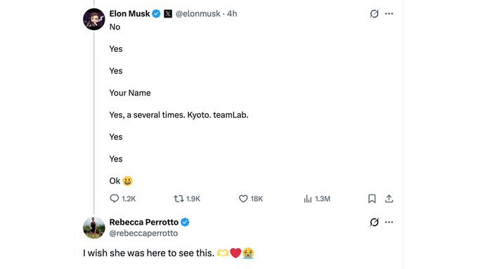 A tweet from Elon Musk (@elonmusk) listing "Yes" responses to whether he's been to Japan, including mention of Kyoto and teamLab, with a reply from Rebecca Perrotto (@rebeccaperrotto) saying "I wish she was here to see this" followed by heart and crying emojis.
