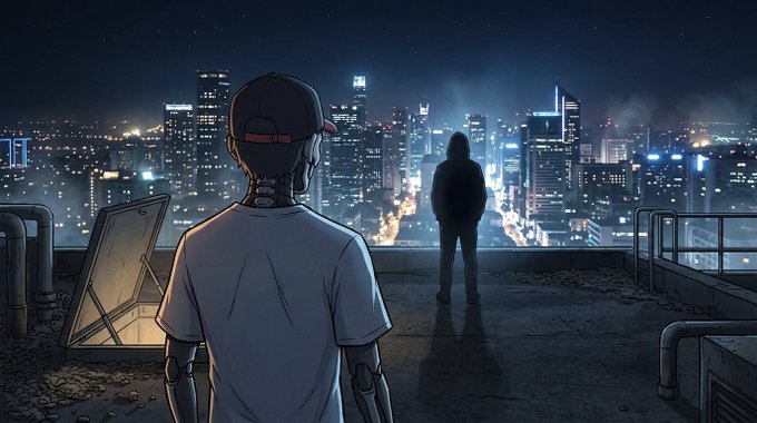 An animated/drawn scene of two figures on a rooftop overlooking a city skyline at night, with one person wearing a red cap and white shirt in the foreground and another silhouetted figure standing at the edge.