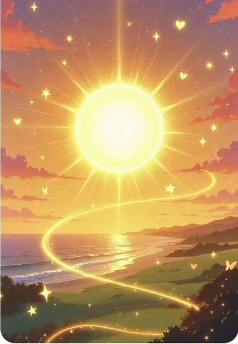 An illustrated fantasy scene featuring a glowing sun over a sunset coastline, with a swirling golden ribbon, stars, butterflies, and heart shapes scattered across the sky.