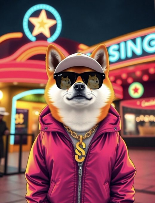 An AI-generated illustration of a Shiba Inu dog wearing sunglasses, a cap, and a pink jacket, standing in front of a neon-lit city background.