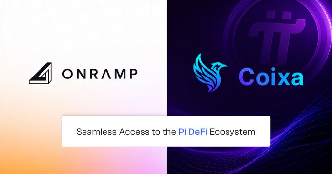 The image features a poster with two logos, one for Onramp and another for Coixa. The text on the poster reads "Onramp" followed by "seamless access to the Pi ecosystem". The other logo displays "Coixa" in blue and purple colors. The background of the poster is black and white.