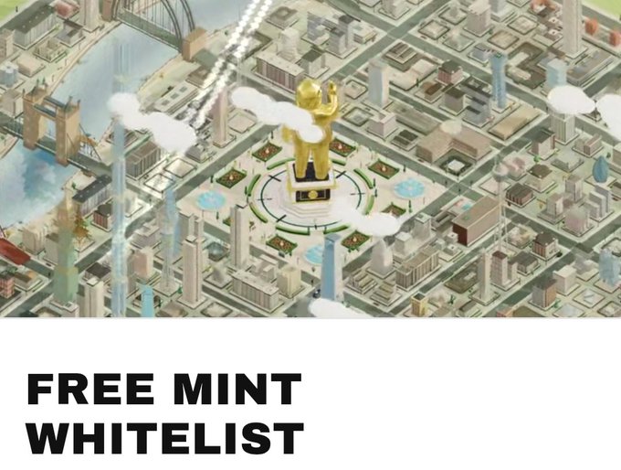 An aerial-style illustration of a planned white city centered on a golden winged statue, with clouds, fountains, bridges, and towers; bold text below reads “FREE MINT WHITELIST.”