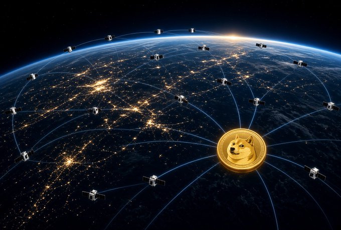 A constellation of Starlink satellites orbits Earth at night, their connecting beams converging on a large Dogecoin ($DOGE) coin, symbolizing Elon Musk's vision of global internet connectivity enabling participation in digital economies—and the Dogecoin's role within them.