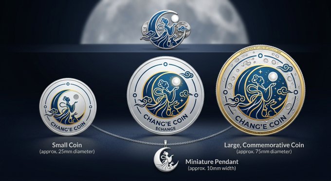 A product display showcases a 'CHANG'E COIN' collection including a Small Coin (approx. 25mm), Large Commemorative Coin (approx. 75mm), and Miniature Pendant (approx. 10mm width) against a moon backdrop.