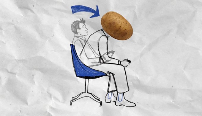 A hand-drawn illustration on crumpled paper showing a person sitting in a blue chair, with a real potato superimposed over where their head should be and a blue arrow pointing to it.