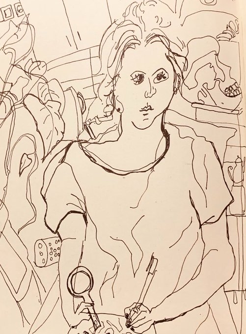 A black ink sketch of a person with wavy hair wearing a loose shirt, rendered in loose, expressive line work.