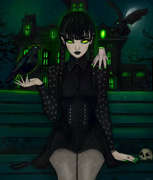 A gothic illustration of a pale woman with black hair, glowing green eyes, and a black gothic outfit standing on steps in front of a haunted mansion, with crows and a disembodied hand nearby.