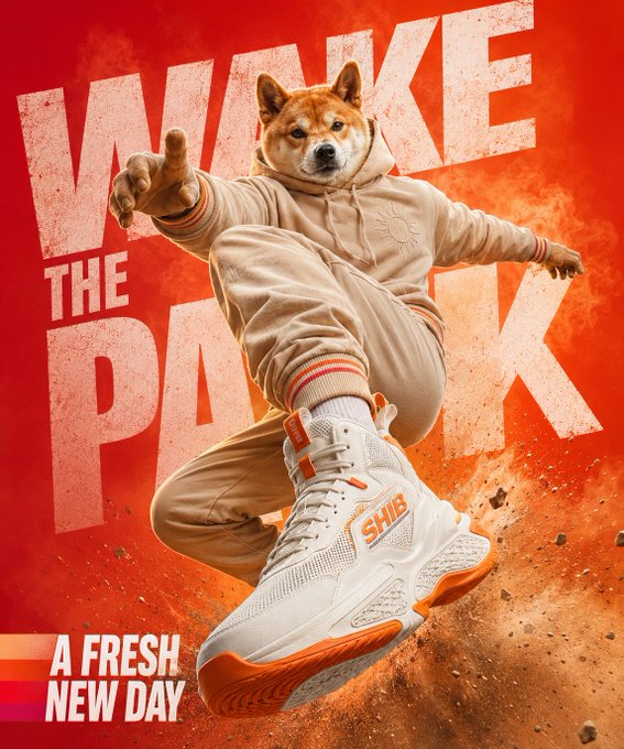 Promotional poster featuring a Shiba Inu dog in athletic wear leaping dynamically, with text reading "WAKE THE PACK" and "A FRESH NEW DAY," advertising "SHIB" branded white and orange sneakers.