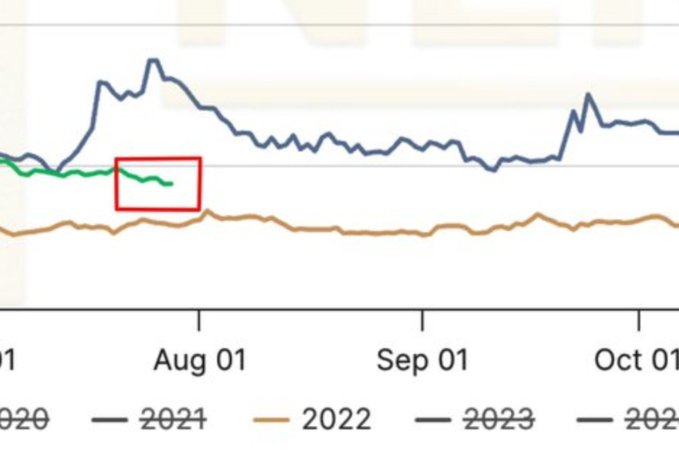 A multi-year line chart tracking data from 2020 through late 2023, with the green 2021 line highlighted in a red box showing a notable dip around late July before August 01, supporting the observation that "Aug/September looks interesting" for $XLM.