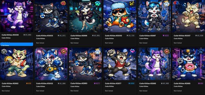 A screenshot of a marketplace displaying 12 "Cutie Kitties" NFTs, with listing numbers ranging from #2985 to #3008 and prices listed in both ETH and MATIC, all marked "Not listed." The image visually supports the post's tally of a growing Cutie Kitties collection toward the 100 milestone, showcasing newly acquired pieces from the sweep.