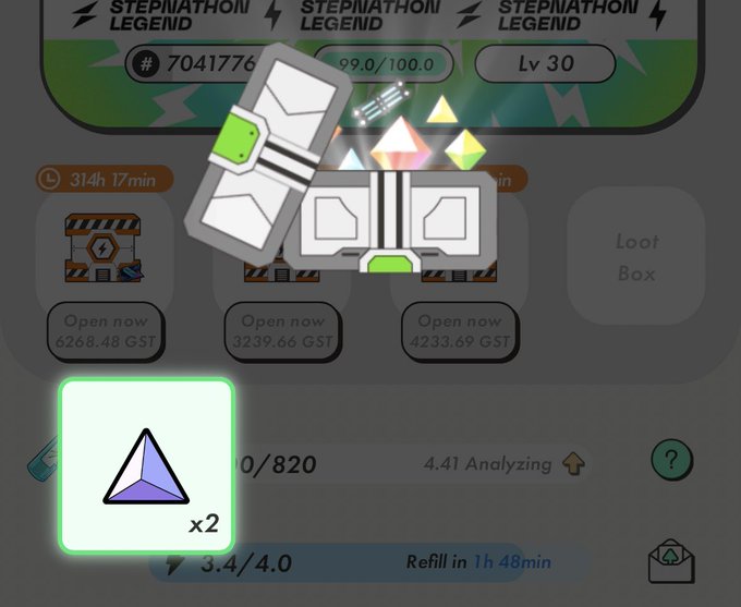 Screenshot of a mobile game interface showing a 'STEP/NATHON LEGEND' level 30 character with 99.0/100.0 progress, loot boxes priced in GST, and a triangular item icon marked 'x2' with 0/820 analyzing and 3.4/4.0 refill in 1h 48min.