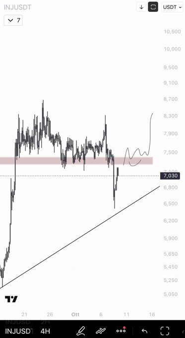 A TradingView 4H chart of INJ/USD shows price action consolidating around the 7,030 level, with a horizontal resistance zone highlighted near 7,500-7,700 (the upper range boundary). The accompanying caption suggests a scalp long opportunity if INJ reclaims this range, though the post expresses no current interest until that level is recovered.