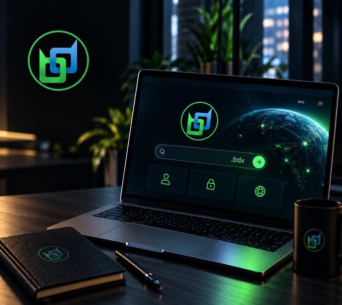 A lifestyle mockup shows a laptop, notebook, pen, and mug all branded with a green and blue logo, displayed in a modern office setting.