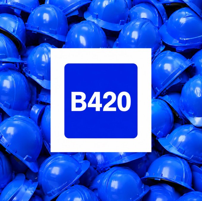A pile of blue safety helmets serves as the background for a centered logo reading 'B420' in white text on a blue square.