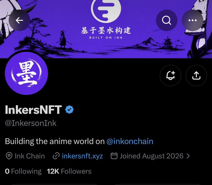 An X (Twitter) profile page for InkersNFT (@InkersonInk) with a purple header banner reading 'BUILT ON INK', a bio stating 'Building the anime world on @inkonchain', and 12K followers.
