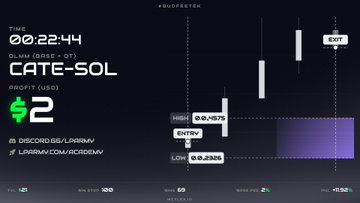 A dark-themed stock or cryptocurrency trading dashboard displaying 'CATE-SOL' with a profit of $2, an entry price of 0.8575, and a simple bar chart.