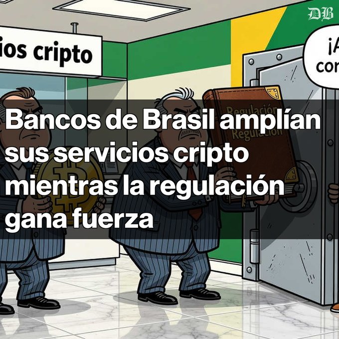 A cartoon illustration of two businessmen in a bank setting, with one holding a Bitcoin coin and the other securing a large book labeled 'Regulación' in a safe, accompanied by Spanish text about Brazilian banks expanding crypto services.