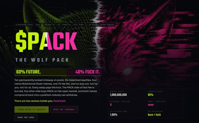 The image displays the homepage of "$PACK - The Wolf Pack," a meme token website featuring a glitchy split wolf design with stats including a 1,000,000,000 supply, 95% locked in pools, and 0% unlocked tokens, directly matching the post's mention of the live website and the "Feed the Pack" button in the terminal.