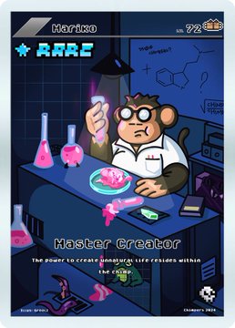 A pixel art card depicting a scientist monkey named "Andre" with the title "Master Creator" and stats "ARMR" and "99+", referencing the destruction or creation power of a "Crair Bep" helmet. The image ties to the post's mention of Chimpers Card, showcasing a creative character card in support of creator André's daily contributions to the project.