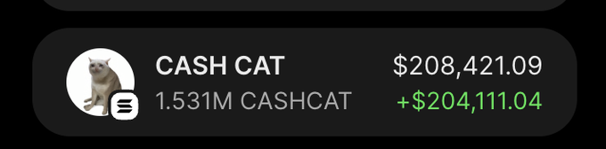 A screenshot of a Robinhood-style portfolio card shows a holding of 1.531M $CASHCAT tokens valued at $208,421.09, with a gain of +$204,111.04, visually illustrating the post's claim of turning $2k into $200k through the CashCat memecoin.