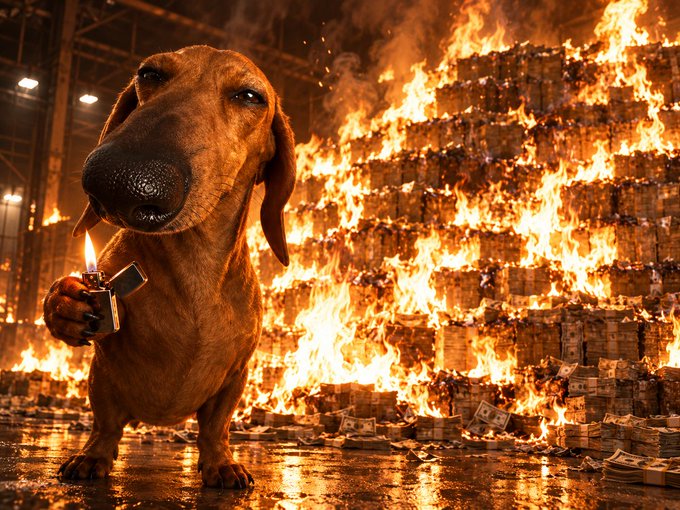 A digital artwork depicts an anthropomorphic dachshund holding a lighter, standing in front of a massive, towering pile of burning money.
