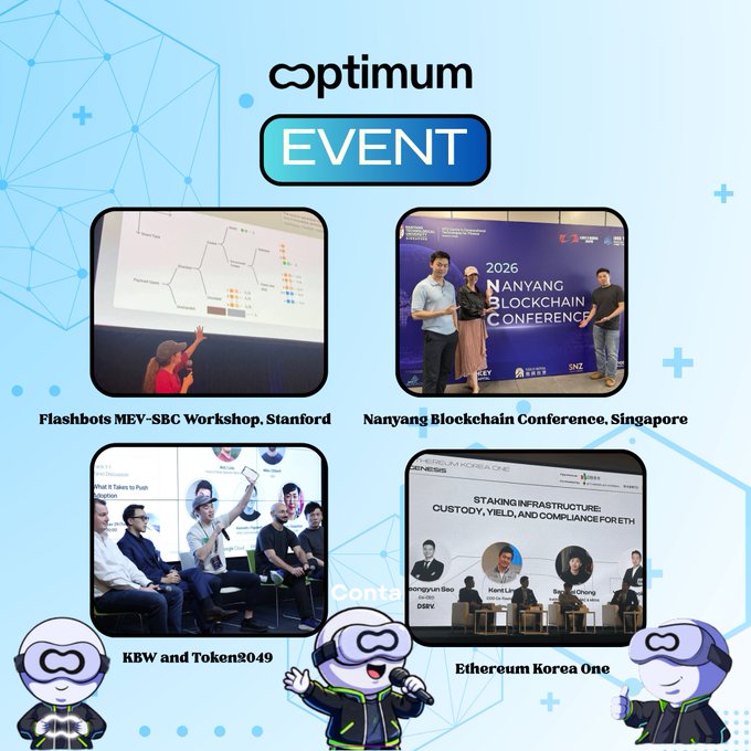 A promotional graphic for 'optimum EVENT' showcasing four blockchain/crypto conferences: Flashbots MEV-SBC Workshop at Stanford, Nanyang Blockchain Conference in Singapore, KBW and Token2049, and Ethereum Korea One, with cartoon mascot characters at the bottom.