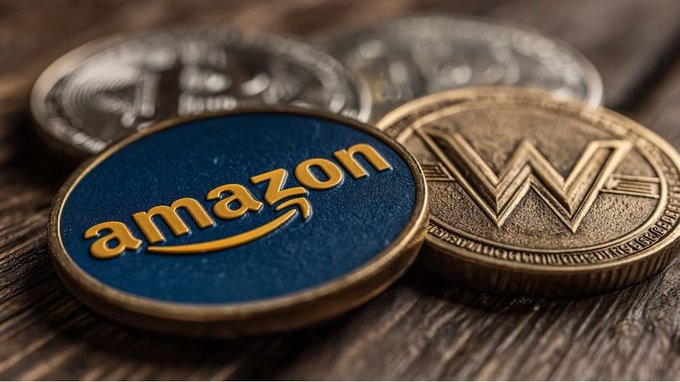 The image shows commemorative coins on a wooden surface, prominently featuring an Amazon-branded coin alongside a gold coin bearing the Wonder Woman "WW" logo (often associated with stablecoins/crypto), with additional silver coins visible in the background. The Amazon coin's branding reinforces the post's news about Amazon's Japanese logistics partner Maruwa adopting the yen-pegged stablecoin $JPYC for paying 2,300 transporters, symbolizing Amazon's move toward modernized digital payments.