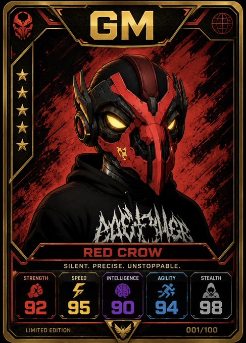 A digital collectible card features "GM" at the top and "RED CROW" as the character name, displaying a masked figure with the tagline "SILENT. PRECISE. UNSTOPPABLE." alongside stats (Strength 92, Speed 95, Intelligence 90, Agility 94, Stealth 98) and marked as "LIMITED EDITION 001/100." The card's "GM" branding aligns with the post's greeting, tying the greeting to a unique in-game or NFT-style asset.