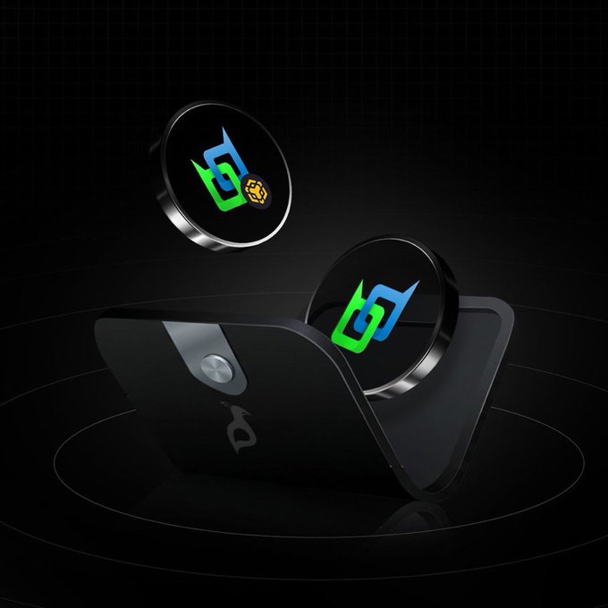 A 3D render of two circular devices displaying blue and green logos, floating above a dark charging dock.