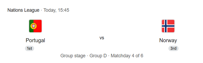The image shows a UEFA Nations League matchup between Portugal (1st) and Norway (3rd) in Group D, Matchday 4 of 6, scheduled for today at 15:45. The post appears to be running a prediction contest offering $ICP to 10 people who correctly predict the score of this Portugal vs. Norway match, ending in 5 hours.