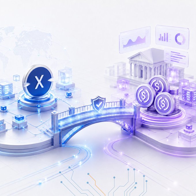 A digital illustration depicts a glowing bridge connecting a blue "X" token emblem on the left to a stack of dollar-sign coins on the right, with a shield icon at the bridge's center symbolizing security. In the background, faint outlines of a bank-like building, charts, and a world map reinforce the cross-chain financial transfer theme, while flowing circuit pathways below tie together the secure, technology-driven ecosystem between XDC and USDC.