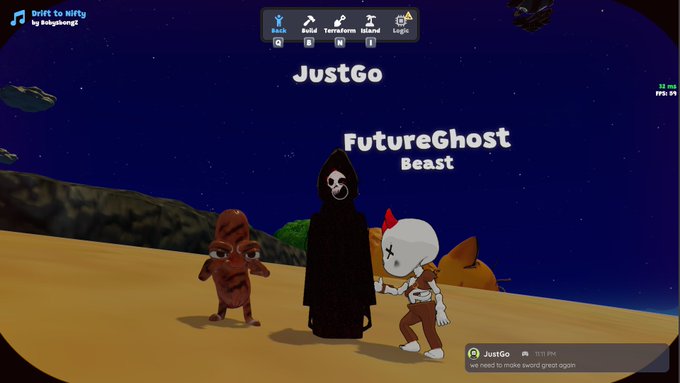 A gaming screenshot showing three characters labeled 'JustGo' and 'FutureGhost Beast' in a nighttime desert setting with a toolbar at the top displaying 'Back,' 'Build,' 'Terraform,' 'Island,' and 'Login' options.