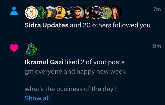 A screenshot of social media notifications showing that "Sidra Updates and 20 others followed you" and "Ikramul Gazi liked 2 of your posts."