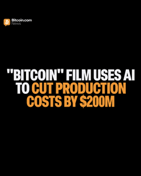 The image features a bold graphic with Bitcoin.com branding that reads "'BITCOIN' FILM USES AI TO CUT PRODUCTION COSTS BY $200M," highlighting how AI technology was leveraged in the $70M thriller starring Gal Gadot and Pete Davidson to achieve substantial savings on set design and lighting.