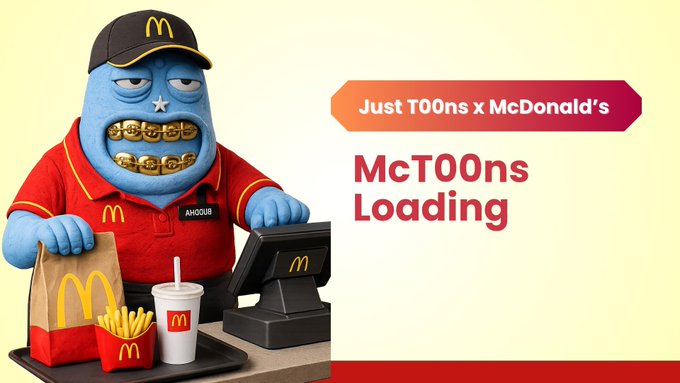 The image features a cartoon character, likely from the Mcdonald's brand, sitting behind a counter with a tray of food items such as fries and drinks. The character appears to be wearing a hat and has a mustache painted on his face. The text in the image reads "Mcdonald's just TOO TOOns x McDonald's MCT100s Loading". This suggests that the post is promoting an event or promotion related to the Mcdonald's brand, possibly encouraging people to apply for jobs at the company.