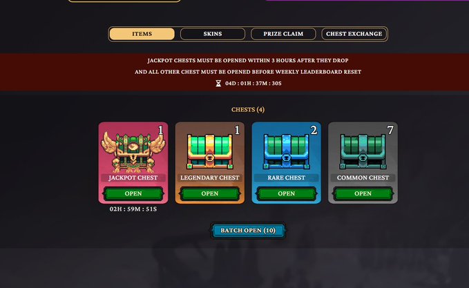 A video game reward screen displaying four chests - 'JACKPOT CHEST', 'LEGENDARY CHEST', 'RARE CHEST', and 'COMMON CHEST' - with tabs for 'ITEMS', 'SKINS', 'PRIZE CLAIM', and 'CHEST EXCHANGE'.