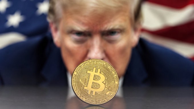 A gold Bitcoin coin sits prominently on a table in the foreground, with Donald Trump staring intensely at it from behind, set against a backdrop of the American flag—visually symbolizing the U.S. government's potential adoption of Bitcoin as a strategic reserve asset following the passage of the Bitcoin Reserve Bill through the House Financial Services Committee.