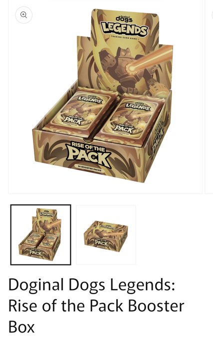 A retail display box of "Doginal Dogs Legends: Rise of the Pack" booster packs by Booster Packs, shown with the product title visible below. The image illustrates the physical product packaging being compared to other TCG releases, as referenced in the post about @DDLTCG's market potential.