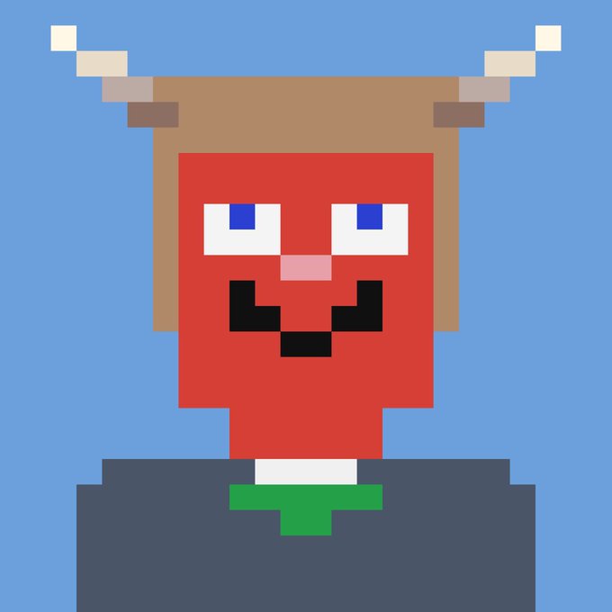 A pixel art portrait of a red-faced devil character with brown hair and horns, wearing a green shirt and dark jacket against a blue background—appears to be an avatar for the social media post discussing free vending machines.