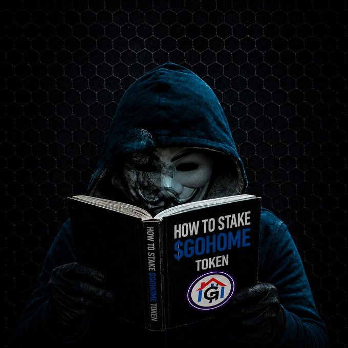 The image features a person wearing all black with a hood pulled over their head, holding a book titled "How To Stake $GOHOME TONK" against a dark background. The title of the book is displayed above the viewer's line of sight as if they are reading it out loud. This image might be related to or associated with the content and promotion of the staking platform, which could potentially be Ethereum-based due to its potential use for decentralized finance applications that allow for peer-to-peer transactions using digital currency called ether.