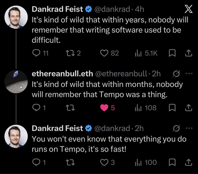 A Twitter exchange where 'dankrad' comments on the declining difficulty of software, and 'ethereanbull.eth' jokingly replies about 'Tempo' becoming ubiquitous.